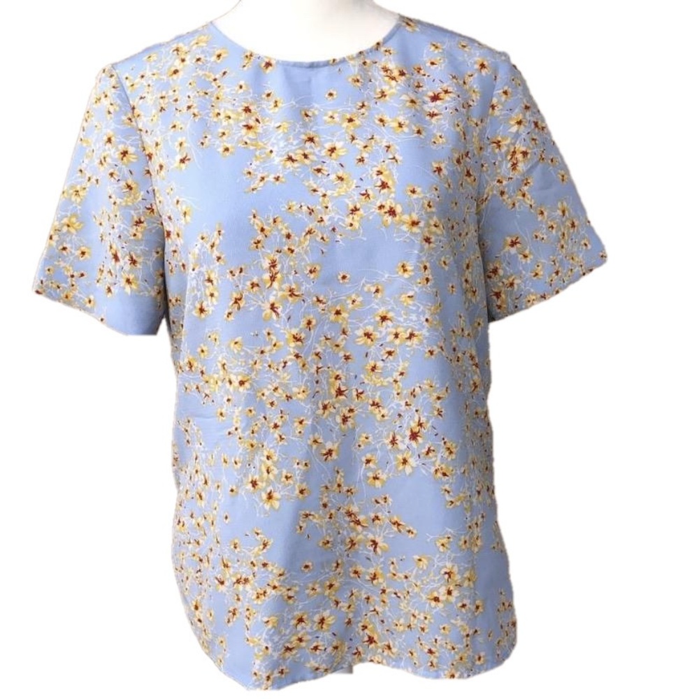 Zara Woman Zipper Back Baby Blue Blouse w/ Yellow Floral Print